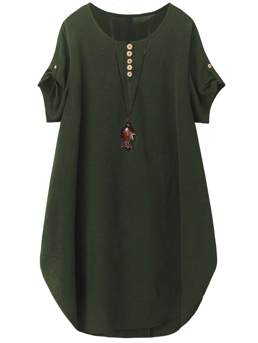 EMERY ROSE Plus Size Women Crew Neck Short Sleeve Casual Comfortable Elegant Mini Dress, Suitable For Daily Commute - Army Green - View 1