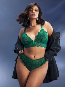 加大码性感V型钢圈蕾丝文胸和内裤两件套，法式和美式优雅魅力内衣