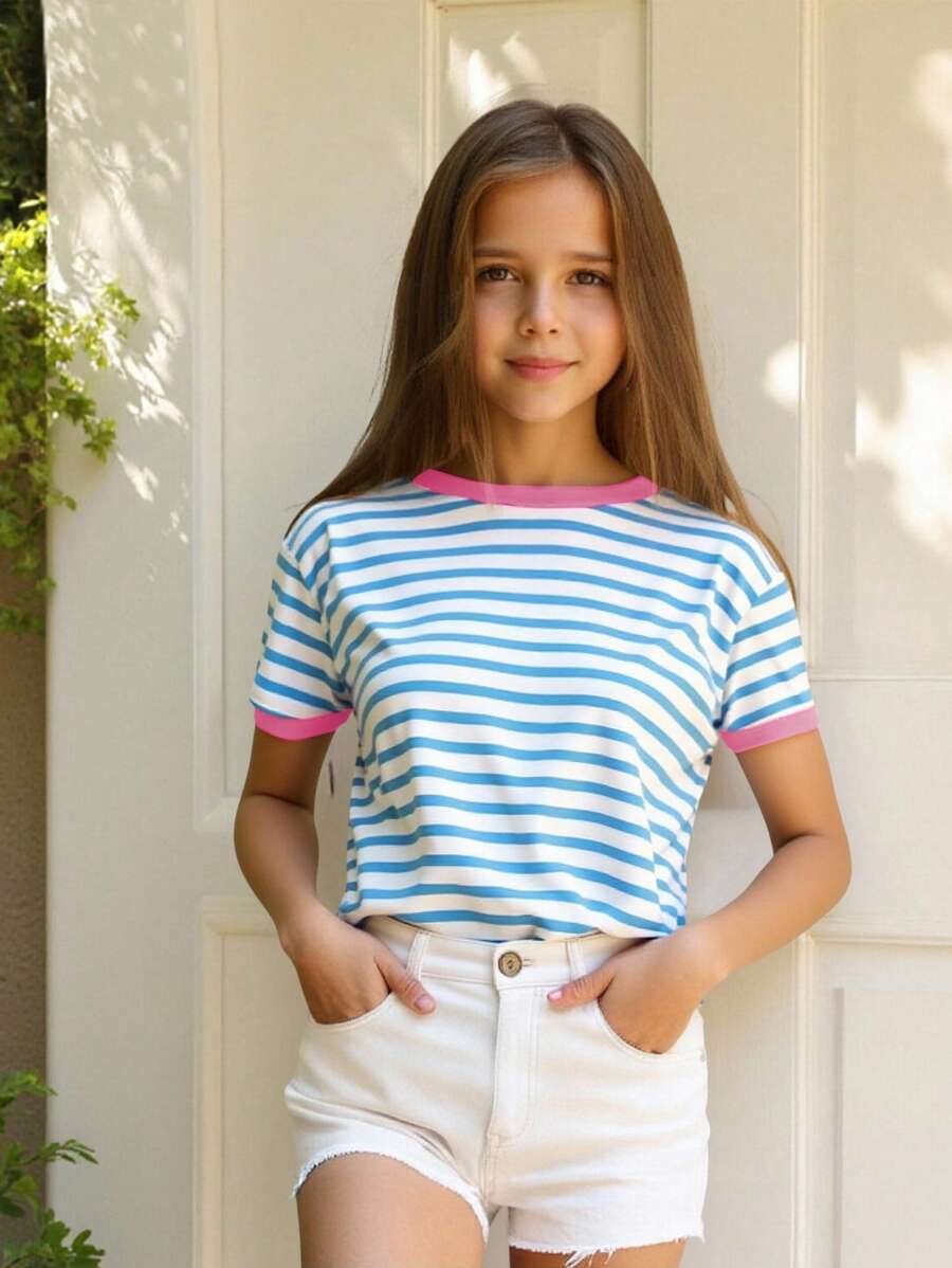 Girls Blue & White Striped Printed Contrast Collar Round Neck Loose Casual T-Shirt, Summer - White - View 1