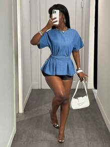 Slaydiva Women Solid Color Waist Band Round Neck Short Sleeve Denim Top, Summer Denim Top Vacation Y2k Cute Going Out Tops - Medium Wash - View 5