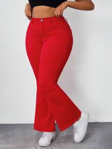SHEIN ICON Jeans acampanados con botones de unicolor para mujer de talla grande - Rojo - Ver 1
