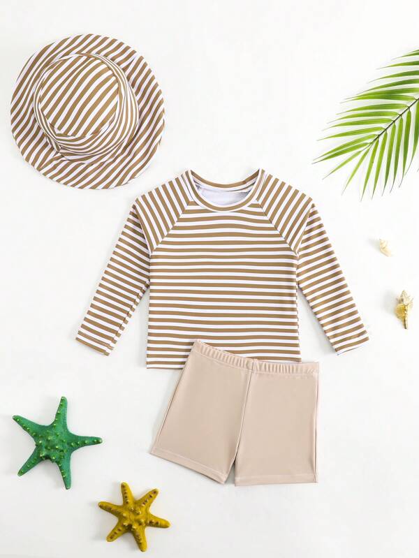 Baby/Kleinkind Jungen gestreifter Langarm Badeanzug Set mit Badekappe, UV-Schutz, für Strand/Schwimmen