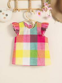 Young Girl Woven Plaid Ruffled Collar Casual Blouse - Multicolor - View 3