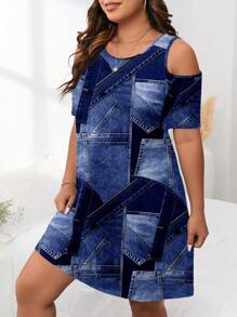 SHEIN CURVE+ Đầm cỡ lớn màu xanh navy tối giản, chất liệu vải dệt họa tiết, thích hợp cho du lịch và nghỉ hè. - Nhiều màu - Xem 3