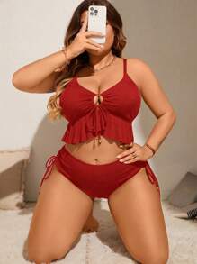 Swim Lushoire 大码女式露背坦基尼泳衣 - 紅色 - 查看 6