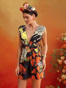 Frida Kahlo X SHEIN X Designer ISELACOS Mono de verano para mujer con cuello en V profundo, sin mangas, cordón ajustable y estampado completo