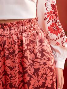 Oxana Frida Kahlo X SHEIN X Designer 花卉印花荷叶边松紧腰阔腿裤女夏季度假休闲 - 彩色 - 查看 7