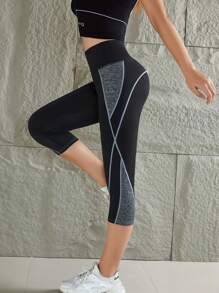 Pantalones deportivos de 3/4 de cintura alta con costuras de contraste y bloques de color ajustados para mujer - Negro - Ver 1