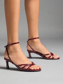 SHUZIA Giày cao gót nữ, quai hậu khóa thời trang bằng da PU sáng bóng thanh lịch - Màu Đỏ Sâu - Xem 2