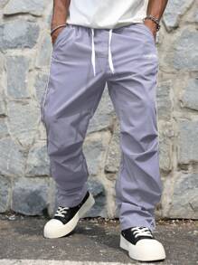 Manfinity Hypemode 男士休闲字母印花抽绳腰裤 - 淡紫色 - 查看 4