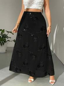 Firerie 大码女式优雅花卉刺绣飘逸下摆长裙 - 黑色 - 查看 7