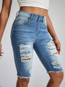 SHEIN Essnce Distressed Pockets Contrast Color Casual Versatile Skinny Denim Capri Pants