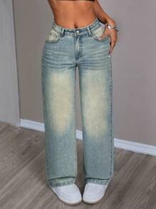 SHEIN PETITE 撞色口袋休闲百搭直筒牛仔裤 - 淺色水洗藍 - 查看 5