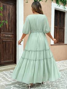 SHEIN Unity Đầm dạ hội xếp tầng xẻ tà tay bồng cổ chữ V sâu cỡ lớn - Màu xanh Bạc hà - Xem 5