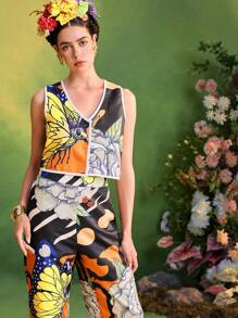 ISELACOS Frida Kahlo X SHEIN X Designer 全印花无袖撞色边背心夹克，带刺绣蕾丝贴片 - 彩色 - 查看 6