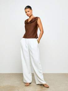 AiiRZ 优雅垂坠领缎面无袖衬衫晚装专业办公室装上衣休闲正装背心女士商务时尚假日 - 棕色 - 查看 3