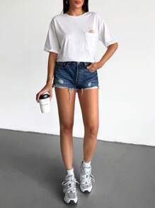 SHEIN maglietta casual da donna con scollo a equipaggio, maniche corte a goccia sulle spalle, tasche e stampa di soli estiva