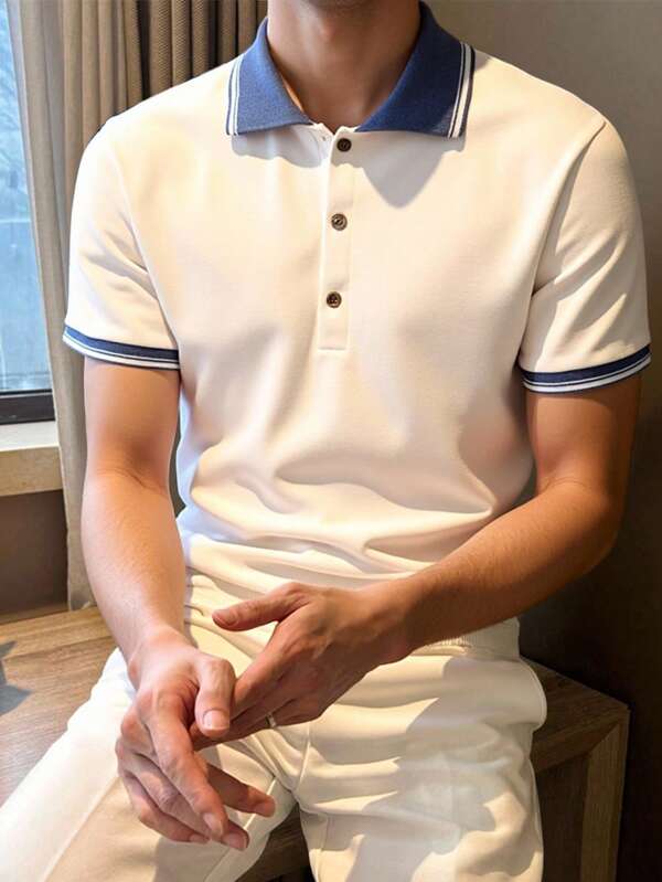 Manfinity Homme Polo con cuello de punto de manga corta con bloques de color para hombre