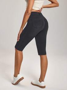 SHEIN Essnce 女士纯色牛仔长裤，夏季时尚 - 藍色 - 查看 2