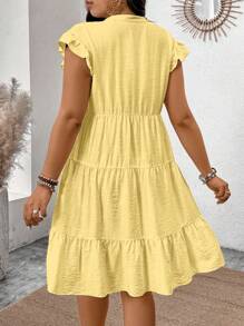 SHEIN Clasi Plus Size V-Neck Floral Embroidery Ruffle Hem A-Line Babydoll Dress - Yellow - View 2