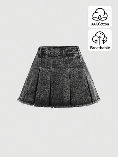 SHEIN Tween Girls' Y2K Solid Pleated Raw Hem Denim Skirt,Spring And Summer Boho Outfits