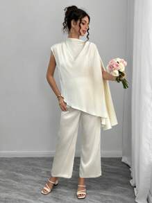 Momance Bộ đồ bầu 2 món thanh lịch màu trơn - Áo cánh satin viền bất đối xứng kèm quần ống đứng, tinh tế - Màu be - Xem 5