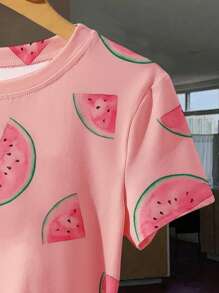 Watermelon Print Crop Tee, Casual & Breathable For Summer - Pink - View 5