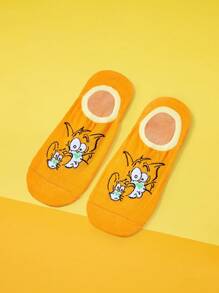 TOM & JERRY X SHEIN 1双女士卡通图案时尚可爱短袜 - 橘色 - 查看 2
