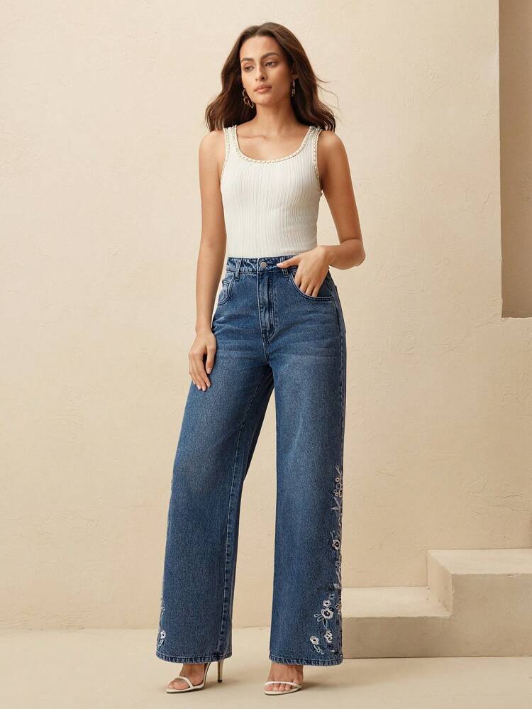 Jeans droits élégants et à la mode pour femmes, brodés de bleu, convenant pour la Saint-Valentin et la Fête des Mères