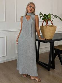 DAZY Váy midi chữ A kẻ sọc rộng cổ chữ V cho nữ, phong cách nghỉ dưỡng cho mùa hè, váy thường ngày cho nữ - màu xanh lá - Xem 5