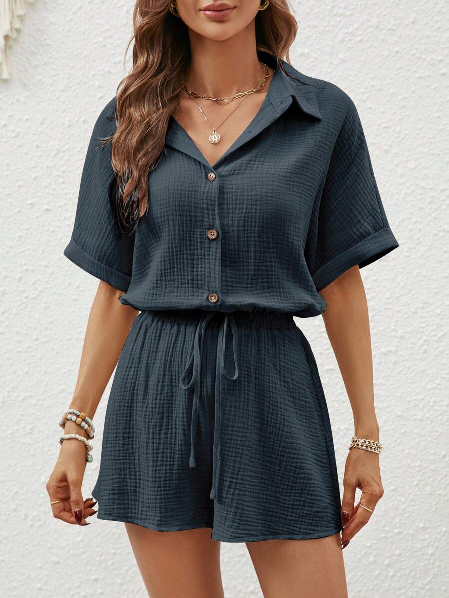 SHEIN LUNE 蝙蝠袖襯衫&前打結短褲 - 藏蓝色 - 查看 1