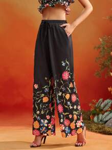 Oxana Frida Kahlo X SHEIN X Designer 黑色碎花松紧腰可调节抽绳阔腿女裤夏季假日 - 彩色 - 查看 3