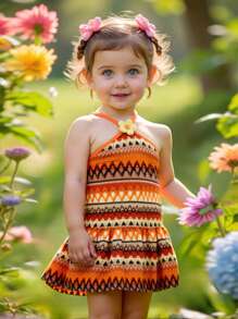 SHEIN Gaun Bayi Perempuan Kasual Sederhana Nyaman Model Halterneck Bergaris Motif Bunga 3D - Jeruk - View 3