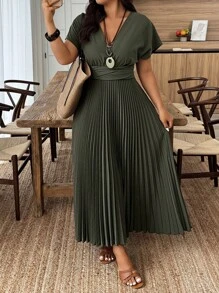 Weeklong Robe élégante à manches courtes style chauve-souris, encolure en V, plissée à l'ourlet, pour femmes grande taille, été