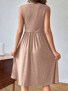 SHEIN Maternity Simple Plain Color Twist Waist Sleeveless Nursing Dress, Casual Summertime - Khaki - View 2