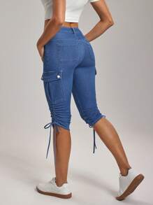 Flexra 女士休闲抽绳口袋卷边及膝牛仔短裤，夏季