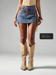 MISSGUIDED Váy ngắn phong cách cổ điển cạp cao viền thô denim lễ hội phong cách cao bồi miền Tây Y2K váy thường ngày mùa hè - Màu xanh bụi bặm - Xem 5