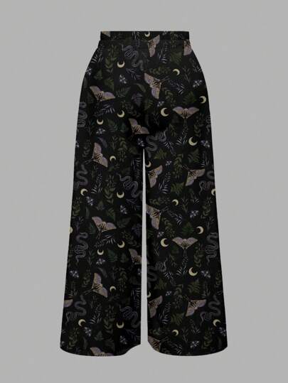 Goth Pantalones holgados de pierna ancha con estampado total en estilo gótico dark Mori de polilla, mariposa, hoja, serpiente y luna, tallas grandes