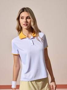 Gameset SHEIN Sport 女式可调节领扣撞色宽松休闲高尔夫运动网球 Polo 衫，春夏 - 白色 - 查看 5