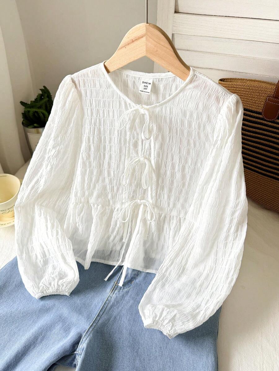 SHEIN Tween Girl Casual Minimalist Comfortable Round Neck Long Sleeve Bowknot Strap Textured Fabric Shirt, Back To School Season Fall Winter