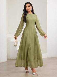 优雅的 3/4 袖高领褶饰腰部褶饰迷你连衣裙，百搭 - 紫色 - 查看 7