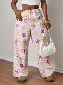 SHEIN PETITE CURVE Pantalones rectos casuales con estampado de vida marina para mujer de talla grande, ropa de mujer, ropa de verano, pantalones de playa para mujer, ropa de verano, adecuado para personas de estatura talla grande baja - Multicolor - Ver 5