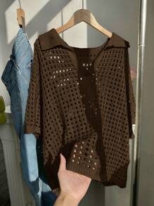 Comfortcana Plus Size Solid Color See-Through Hollow Out Casual Long Sleeve Sweater In Fall/Winter - Brown - View 1