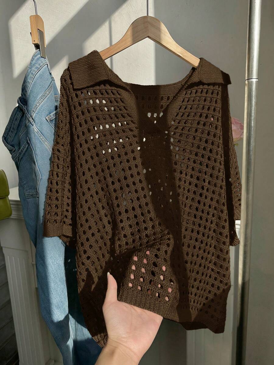 Comfortcana Plus Size Solid Color See-Through Hollow Out Casual Long Sleeve Sweater In Fall/Winter - Brown - View 1