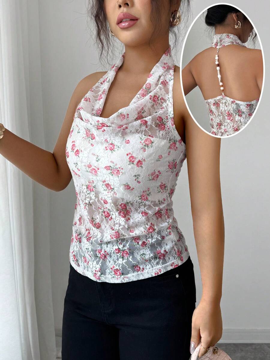 Elenzga Women Rose Floral Print Lace Back Pearl Decor Halter Neck Top - Multicolor - View 1