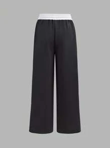 SHEIN Tween Girls' Numeric Print Contrast Color Loose Casual Everyday Pants, Fashionable Streetwear Tween Girls Wide Leg Track Pants Girls Wide Leg Sweatpants Wide Leg Pants Girls Girls Track Pants Girls Sweatpants