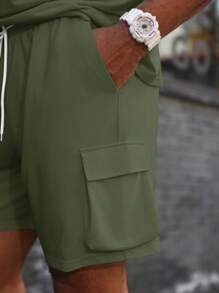 Manfinity Homme Plus Size Men 2-Piece Set: Solid Color Short Sleeve T-Shirt And Casual Shorts - Green - View 4