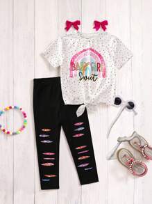 2pcs Set Tween Girls Rainbow Knit Top And Matching Leggings