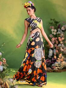 Frida Kahlo X SHEIN X Designer ISELACOS Vestido largo de mujer con estampado completo, dobladillo con volantes, escote cruzado y recortes, atuendo de verano
