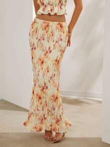 L'Amorae Floral Print Shirred Maxi Skirt For Summer Vacation